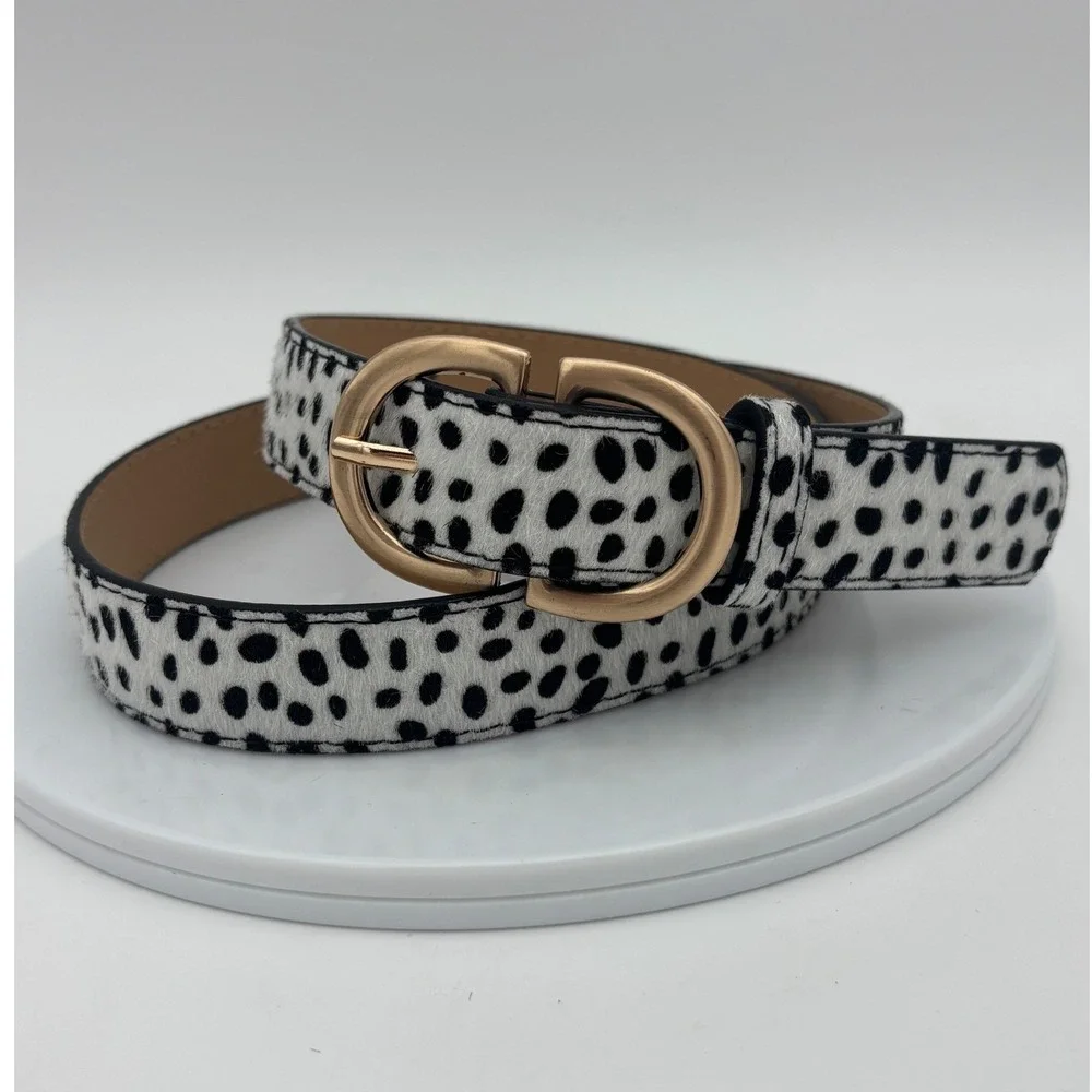 NEW Animal Print Belt Calf Hair Leopard Double C Cheetah Gold Buckle Black White